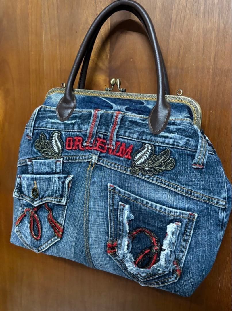 デニムリメイク 大きな がま口バッグ 口金30cm - メルカリ