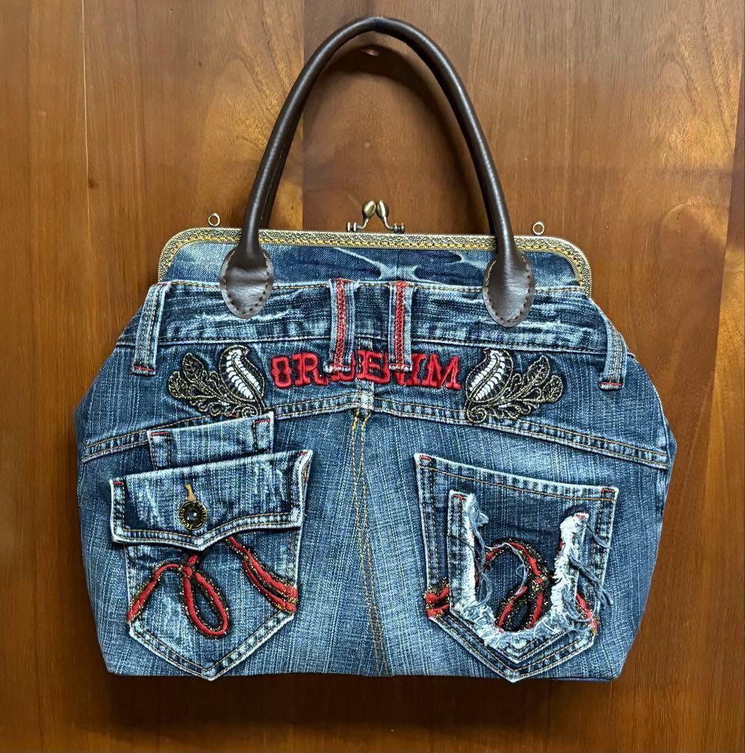 デニムリメイク 大きな がま口バッグ 口金30cm - メルカリ