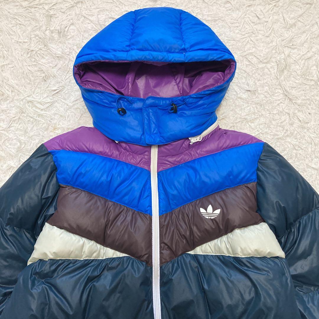肉厚 フード取り外し可】adidas ダウンジャケット マルチカラー ロゴ