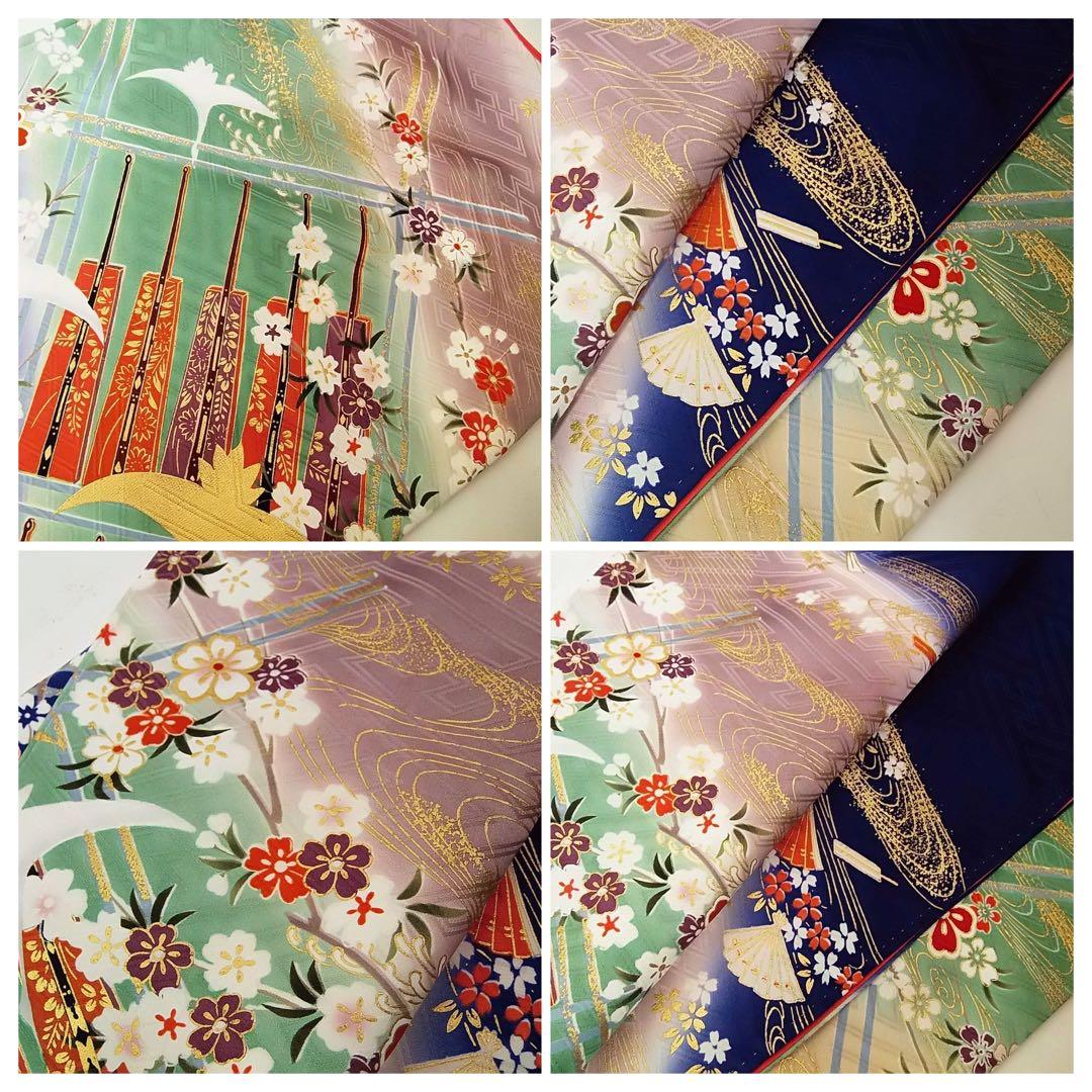 豪華振袖3点セット＊染め分け古典柄 金駒刺繍 沙耶型地紋 長襦袢・袋帯