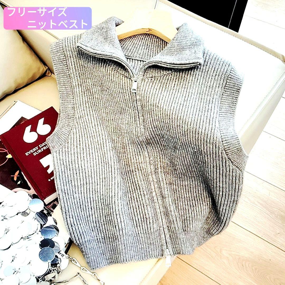 フリーサイズ】 グレー ノースリーブリブニットベスト ダブル