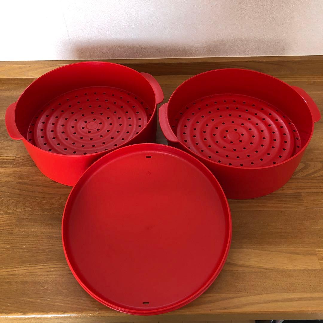 使用回数2回］タッパーウェア スチームイット赤 2段 せいろ蒸し器