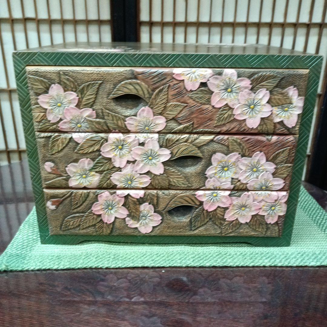 日光彫り 三段抽斗（引き出し)（小）桜最終価格