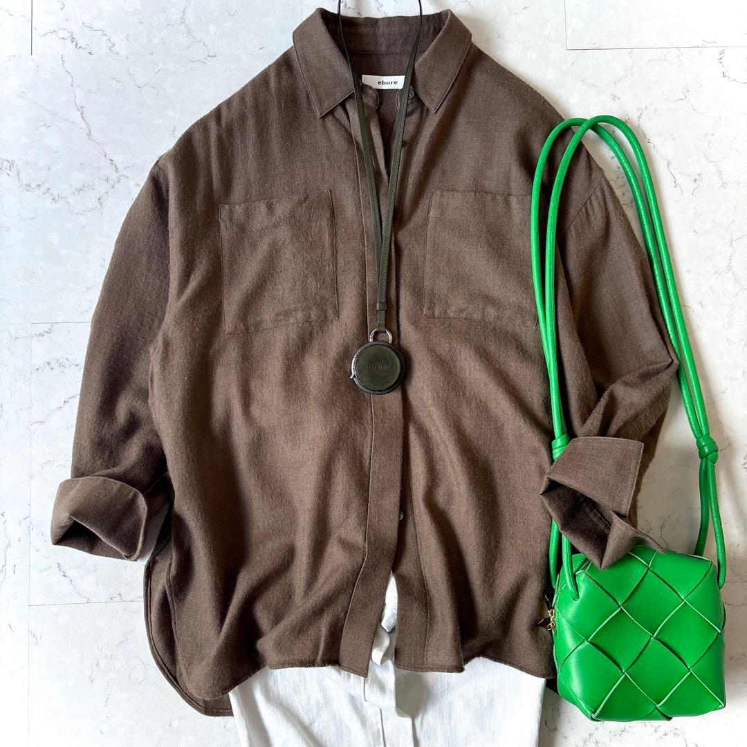 エブール ebure 日本製 ウール 比翼 オーバーサイズ長袖シャツ 茶ブラウン エブール ebure 日本製 ウール 比翼 オーバーサイズ長袖シャツ 茶