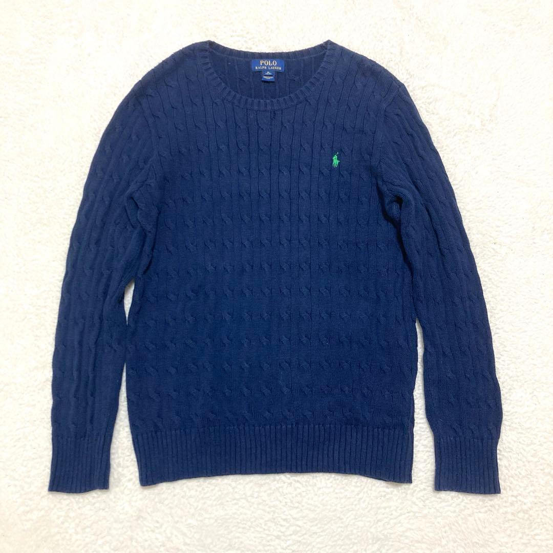 美品 ポロラルフローレン ケーブルニットセーター ロゴ刺繍 ネイビー