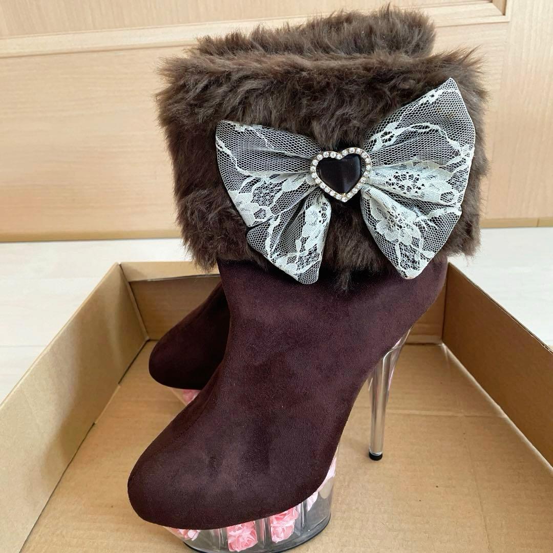 新品未使用 夢展望 ブラウン ファー リボン ショートブーツ 靴 当時物