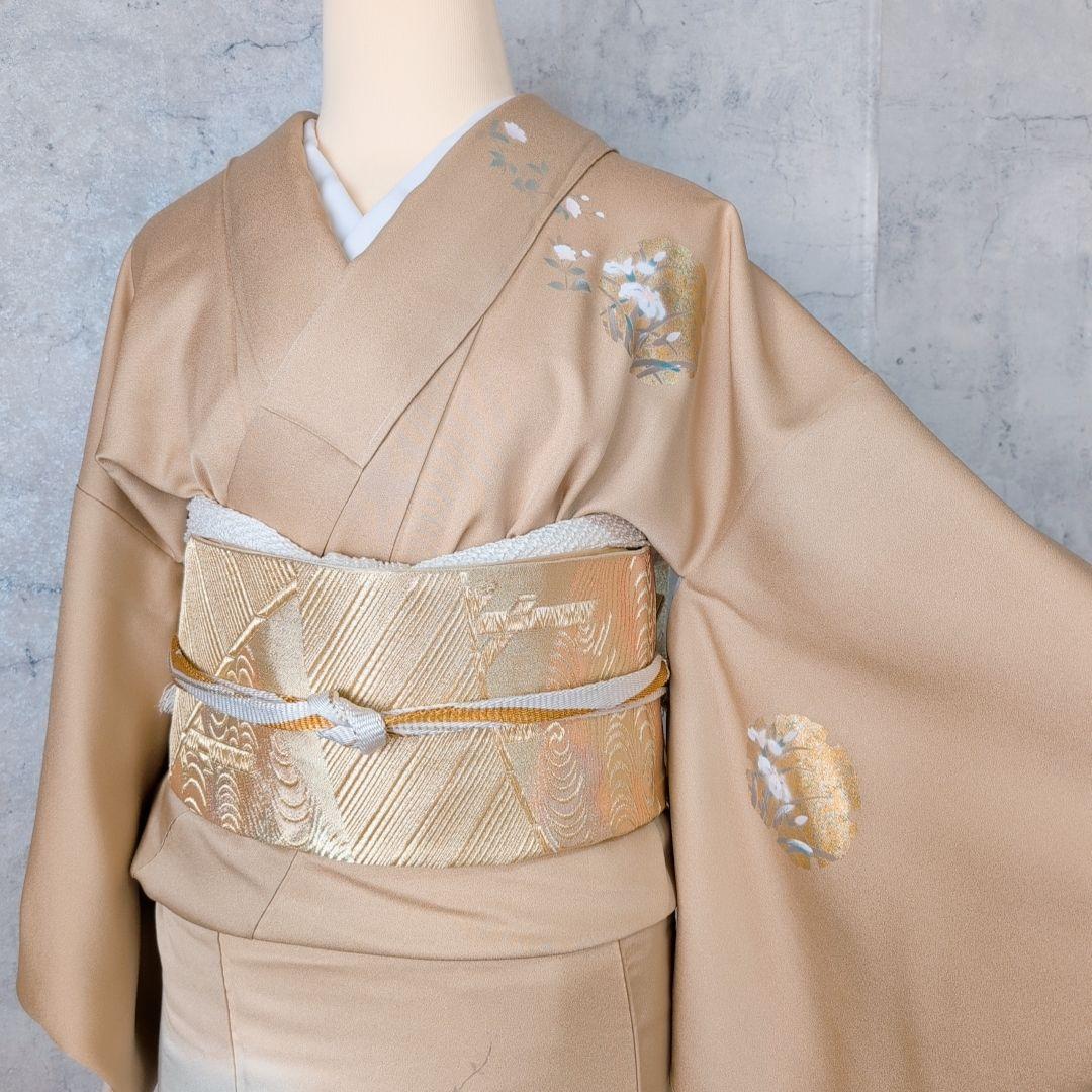 訪問着 フルセット 着物 正絹 ゴールドベージュ Sサイズ 花 しつけ糸金