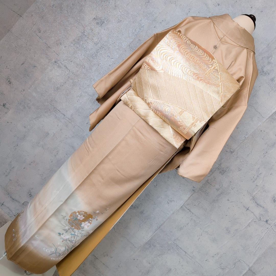 訪問着 フルセット 着物 正絹 ゴールドベージュ Sサイズ 花 しつけ糸金