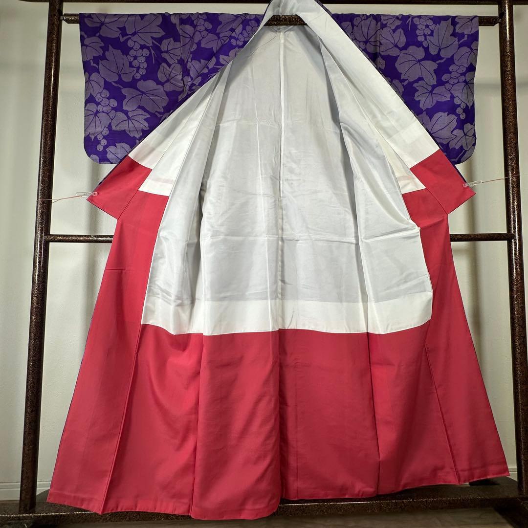 超美品 袷 正絹 着物 157 アンティーク ヴィンテージ 銘仙 紫 ぶどう