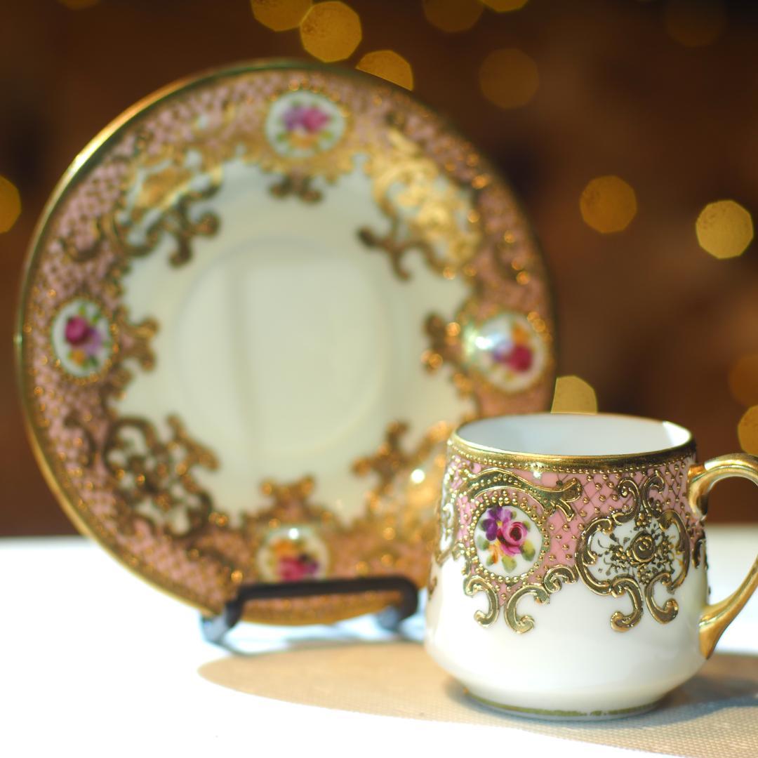 オールドノリタケ 金盛上陽刻桃地薔薇図紋 マルキ印 里帰り