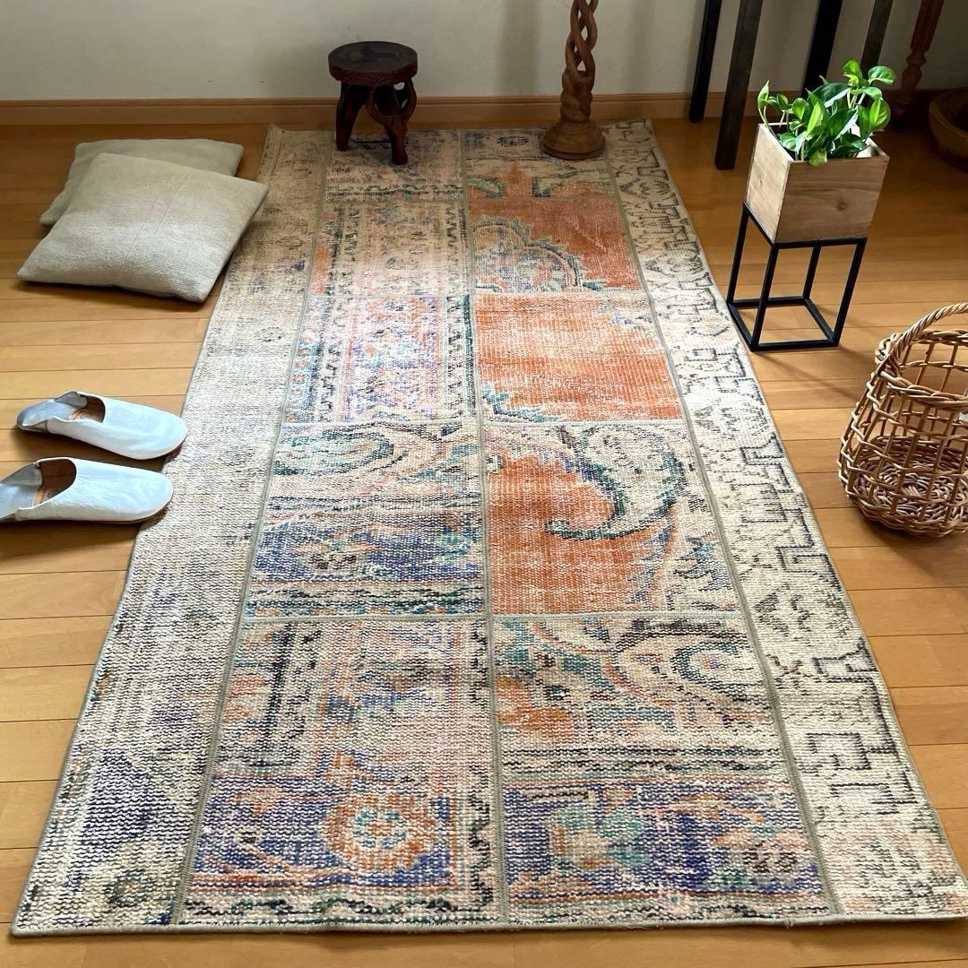 91×191優しいオレンジカラー パッチワーク トルコヴィンテージラグの