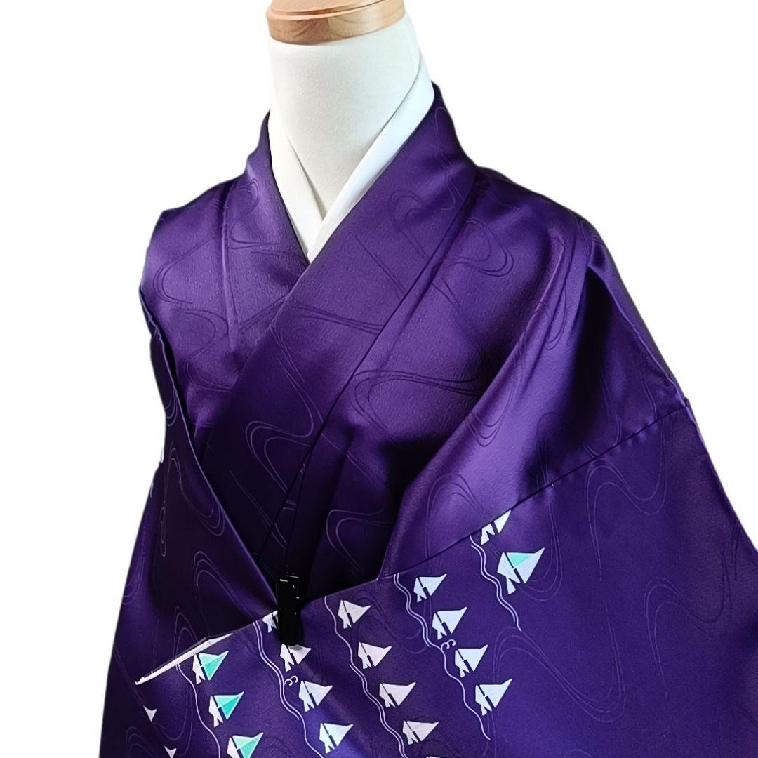 K141 袷 お召し物 着物 小紋 付け下げ 化繊 洗える着物 ヨット 紫