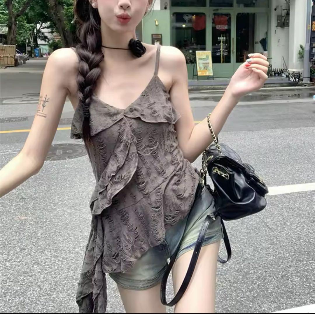 ダメージダークグレイキャミワンピース シズニックル コアy2k y3k 秋