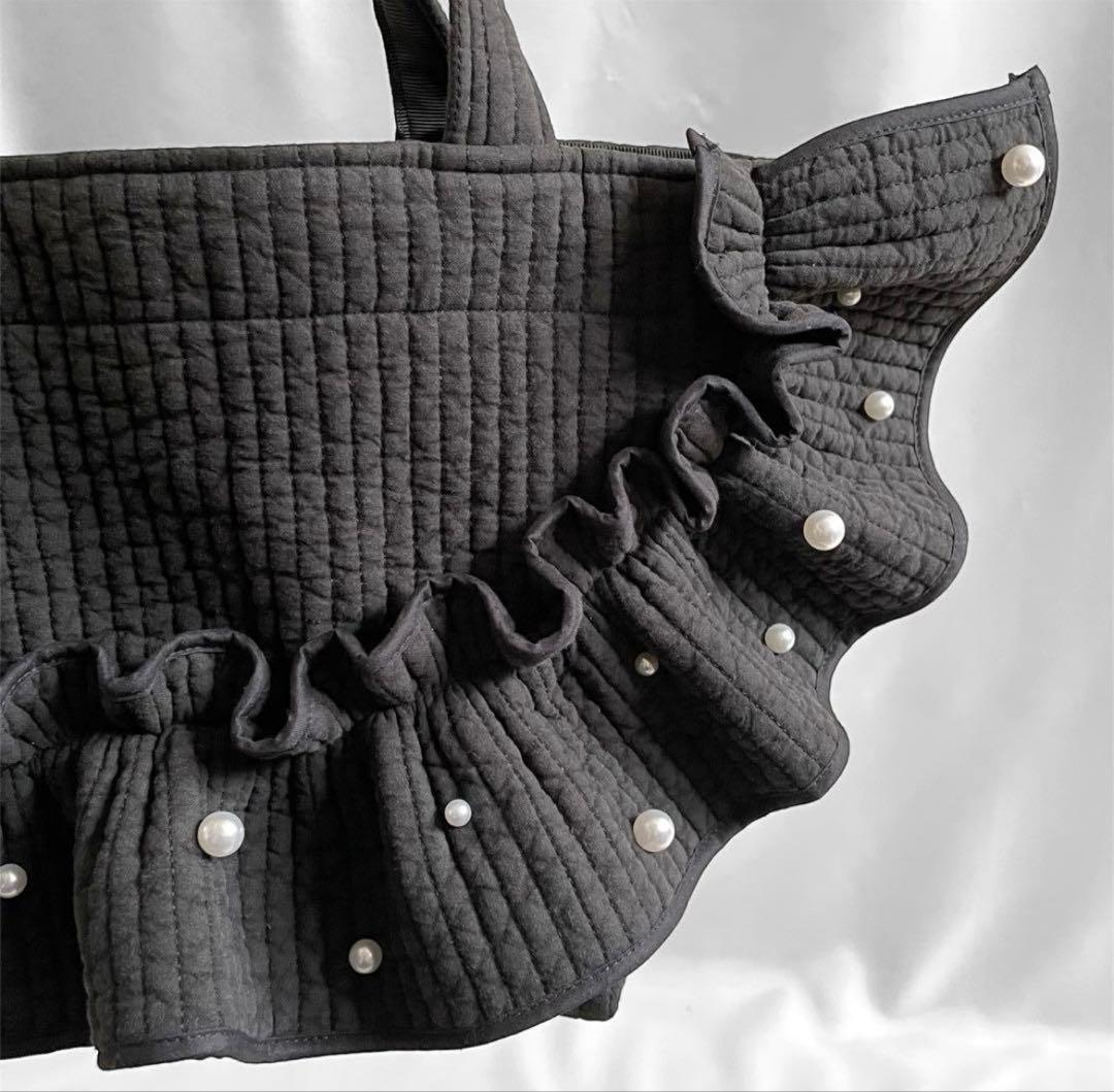 新作♡ヌビバッグ フリルギャザー ブラック パール 底板マグネット付き