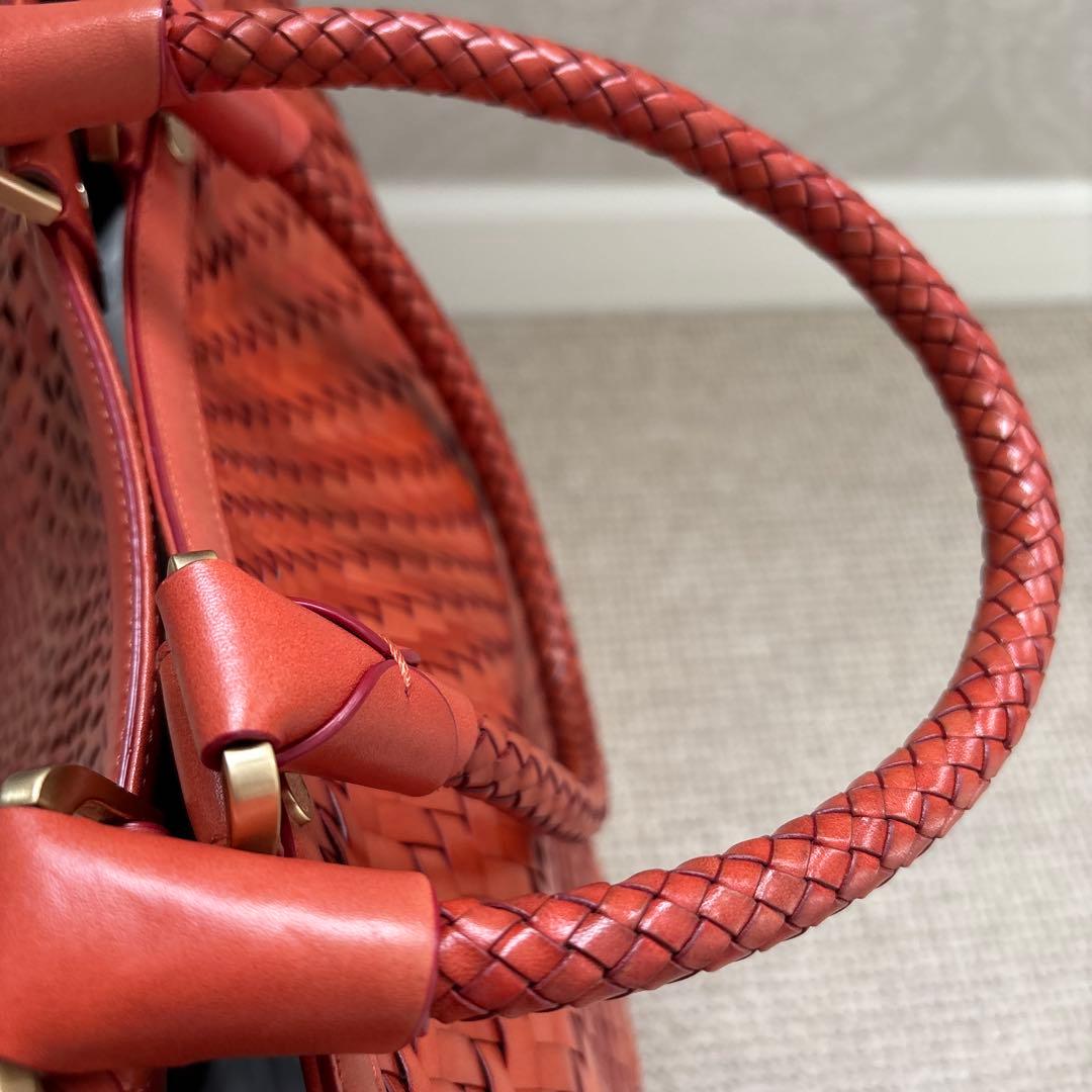 コールハンカゴ編みレザー トートバッグ オレンジ色 - メルカリ