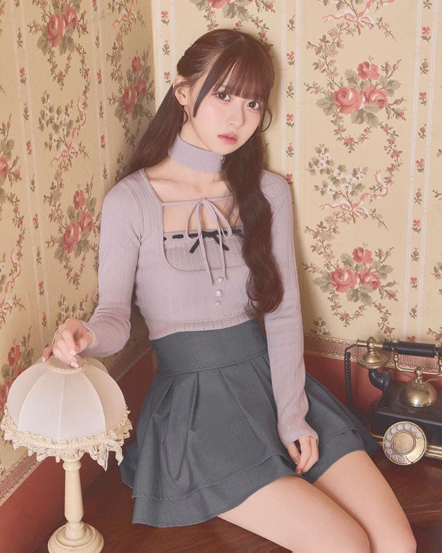 ミシェルマカロン リボンキャミアンサンブルニットトップス ピンク XS