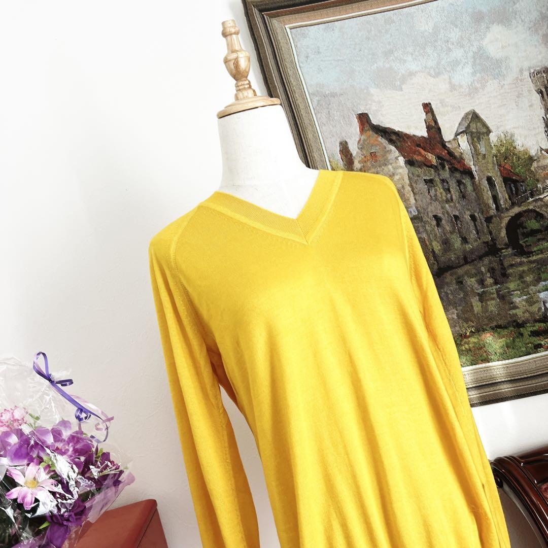 新品 HERMES エルメス 刺繍 カシミヤ シルク Vネックニット イエロー