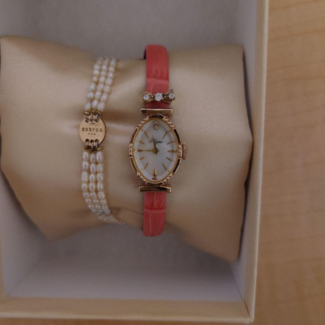 NOJESS 腕時計 パールビーズブレスレット リボンチャーム ピンクベルト