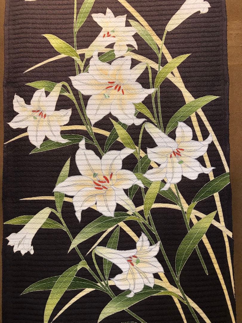 お値下げ致しました。」単衣 夏染帯 百合 新品未仕立、生地は絽縮緬