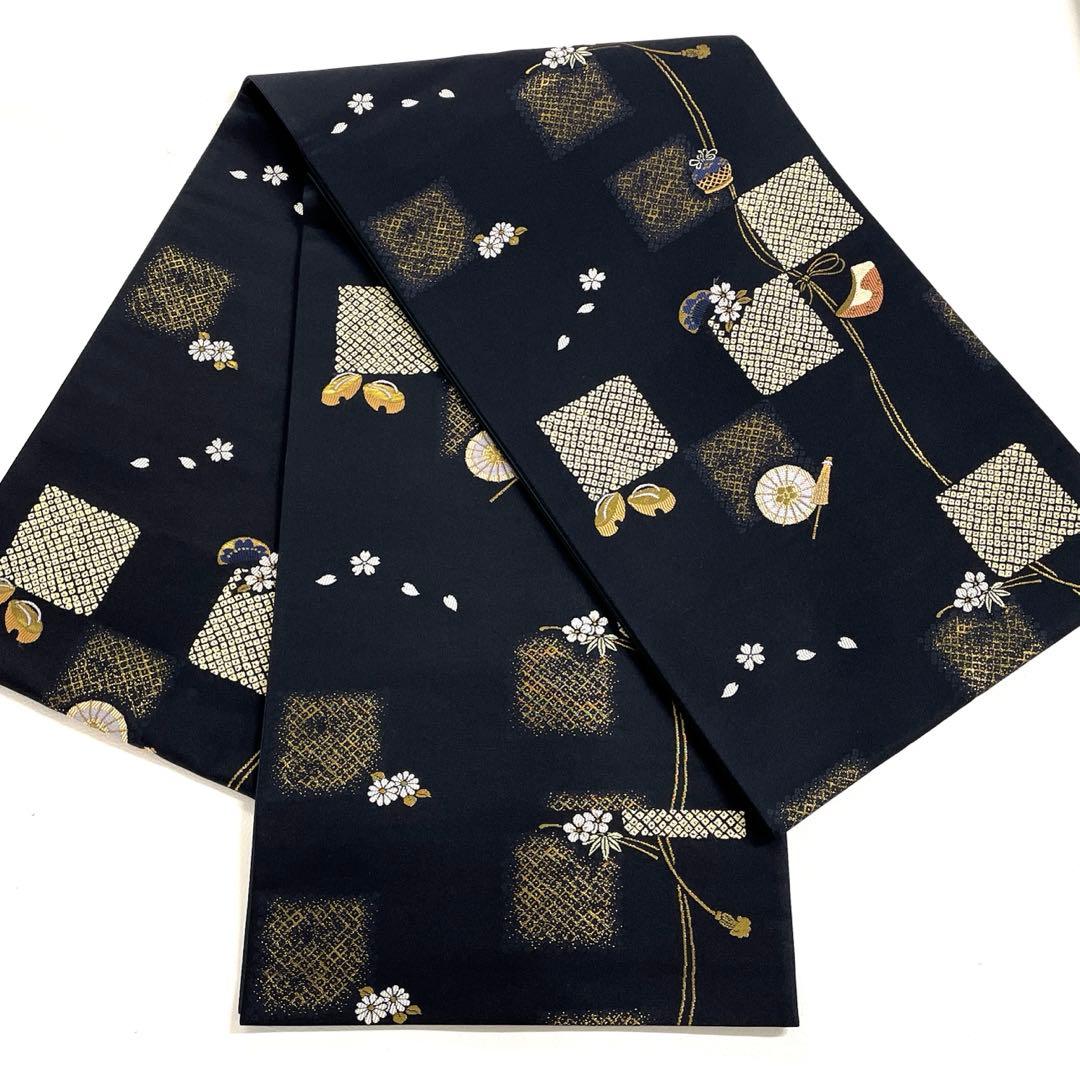 帯6525 ○東京ますいわ屋扱い 高級 正絹 六通 袋帯 番傘 櫛 下駄