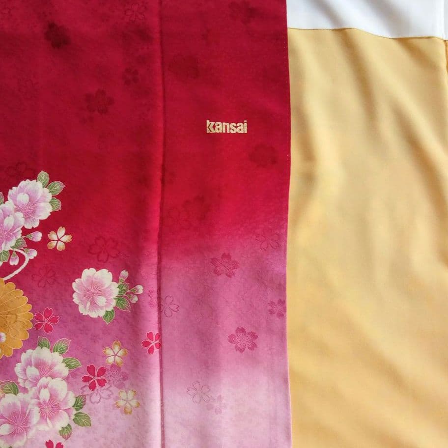 5165振袖単品 KANSAI寛斎ブランド 赤ピンク蝶 正絹 成人式卒業式結婚式