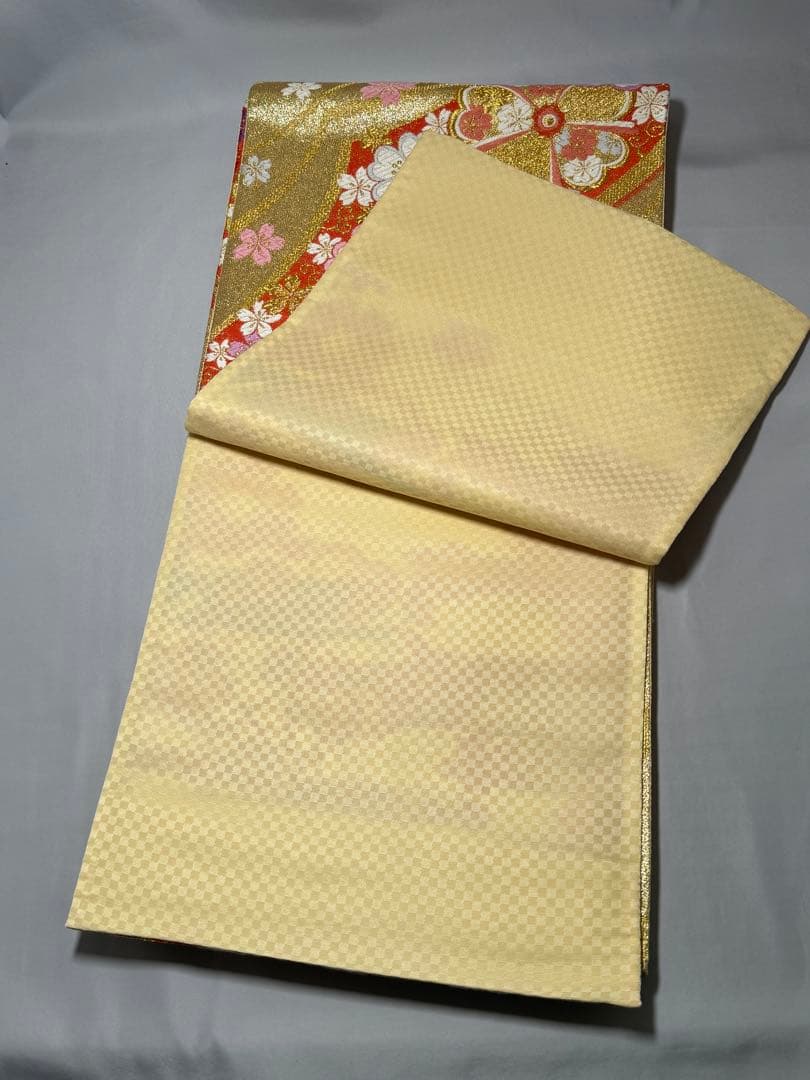 美品] 袋帯 正絹 金 熨斗 桜 成人式 結婚式 振袖 訪問着 礼装 略