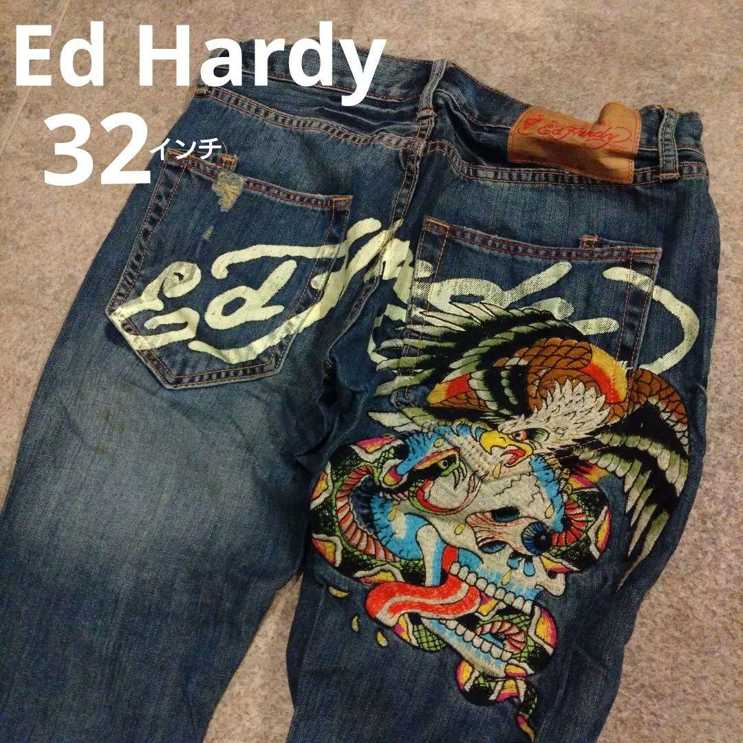 Ed Hardy❤32インチ エドハーディー 濃紺デニムジーンズ タトゥー刺繍