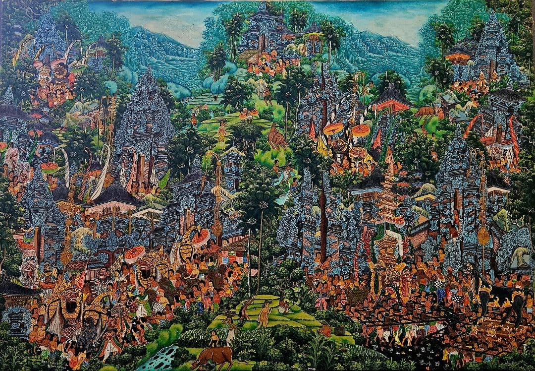バリの風景 油彩画 PADE KETUT BONGKASO　 寺院お祭り図　額装 バリの風景 油彩画 PADE KETUT BONGKASO 寺院お祭り図 額装