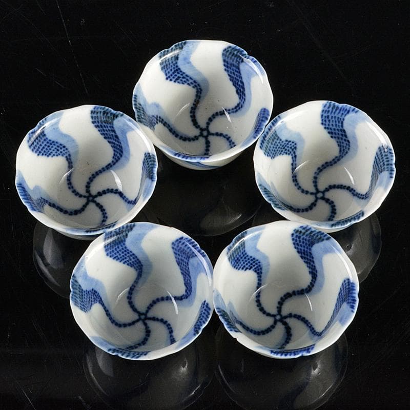 永楽善五郎造 染付 捻り文 煎茶碗 五客 時代箱付 V