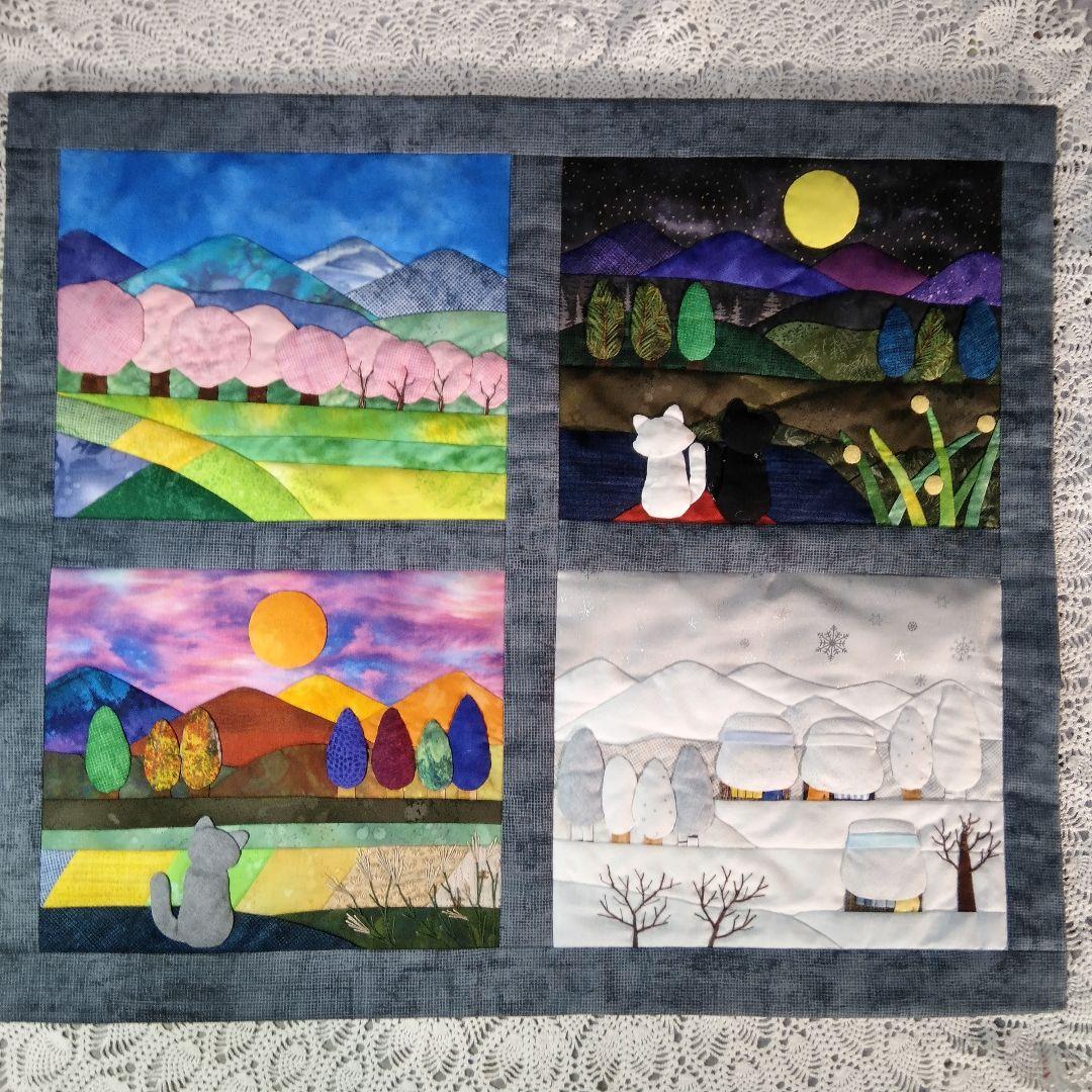 四季の風景タペストリー・古民家と猫たち・パッチワークキルト62×54