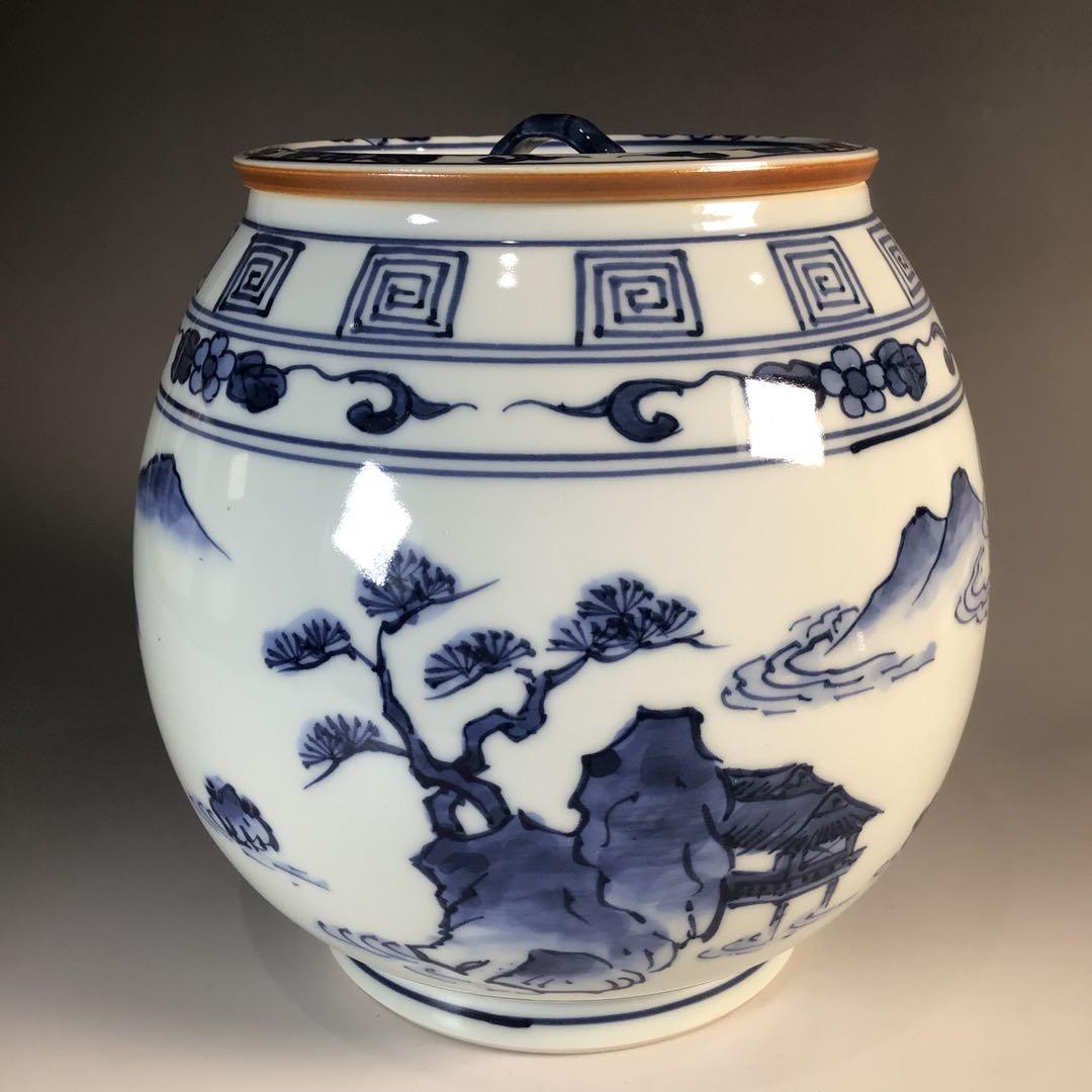 M837 水指 『平安桃山窯造』『染付山水人物文』『芋頭水指』 共箱