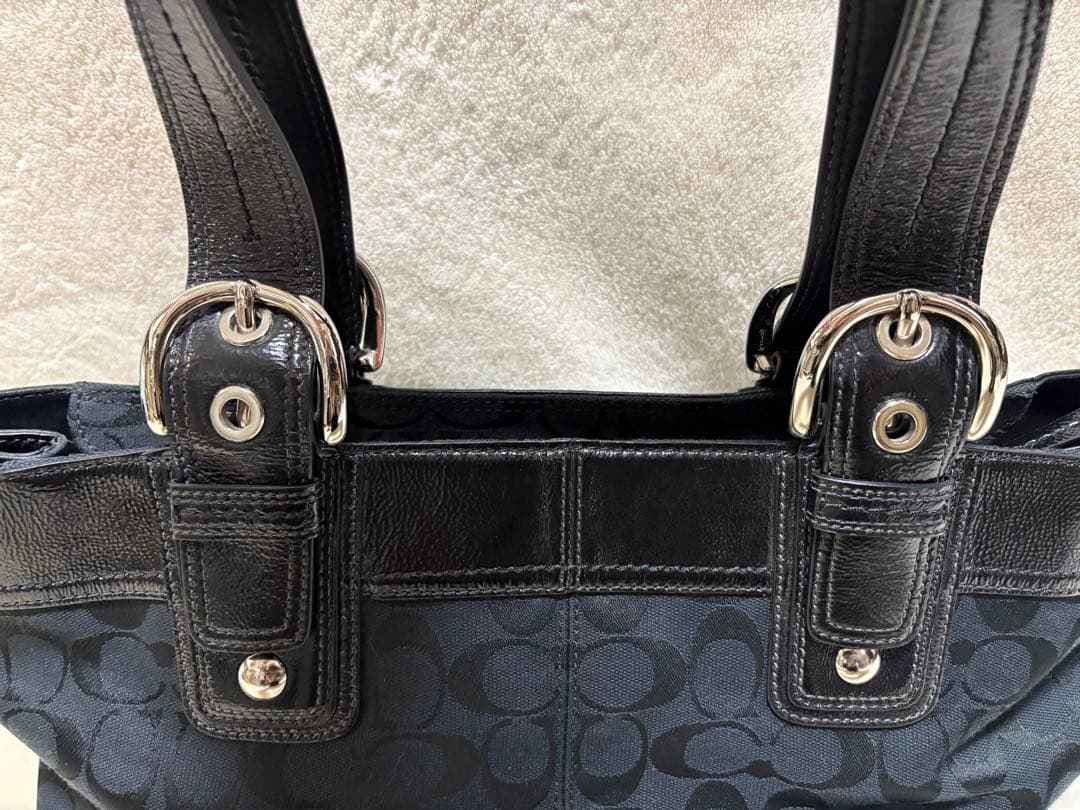 COACH ブラック シグネチャー パテントレザー キャンバス トート