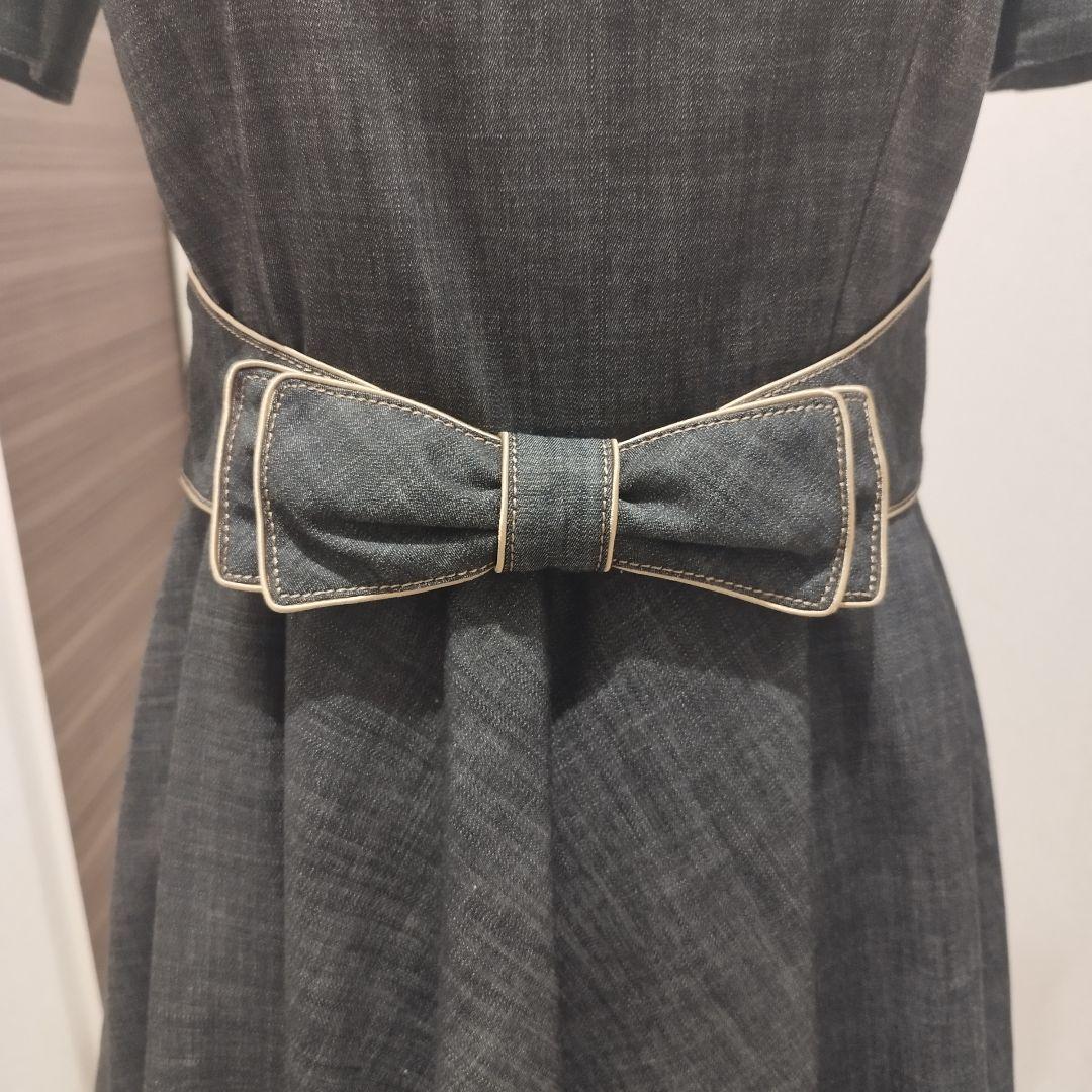 エムズグレイシー M'S GRACY デニム リボン 半袖ひざ丈ワンピース 38