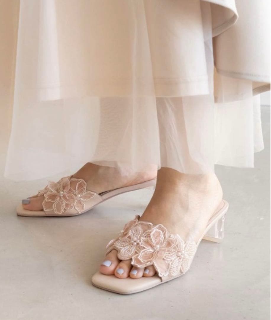 新品未使用】RANDA フラワー×ビーズ ミュールサンダル M ピンク