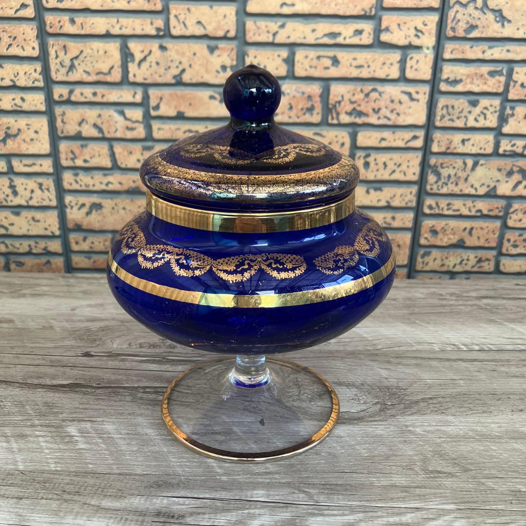 D-4 ヴィンテージ コバルトブルー 金彩 脚付き 蓋付き 菓子器ボンボ