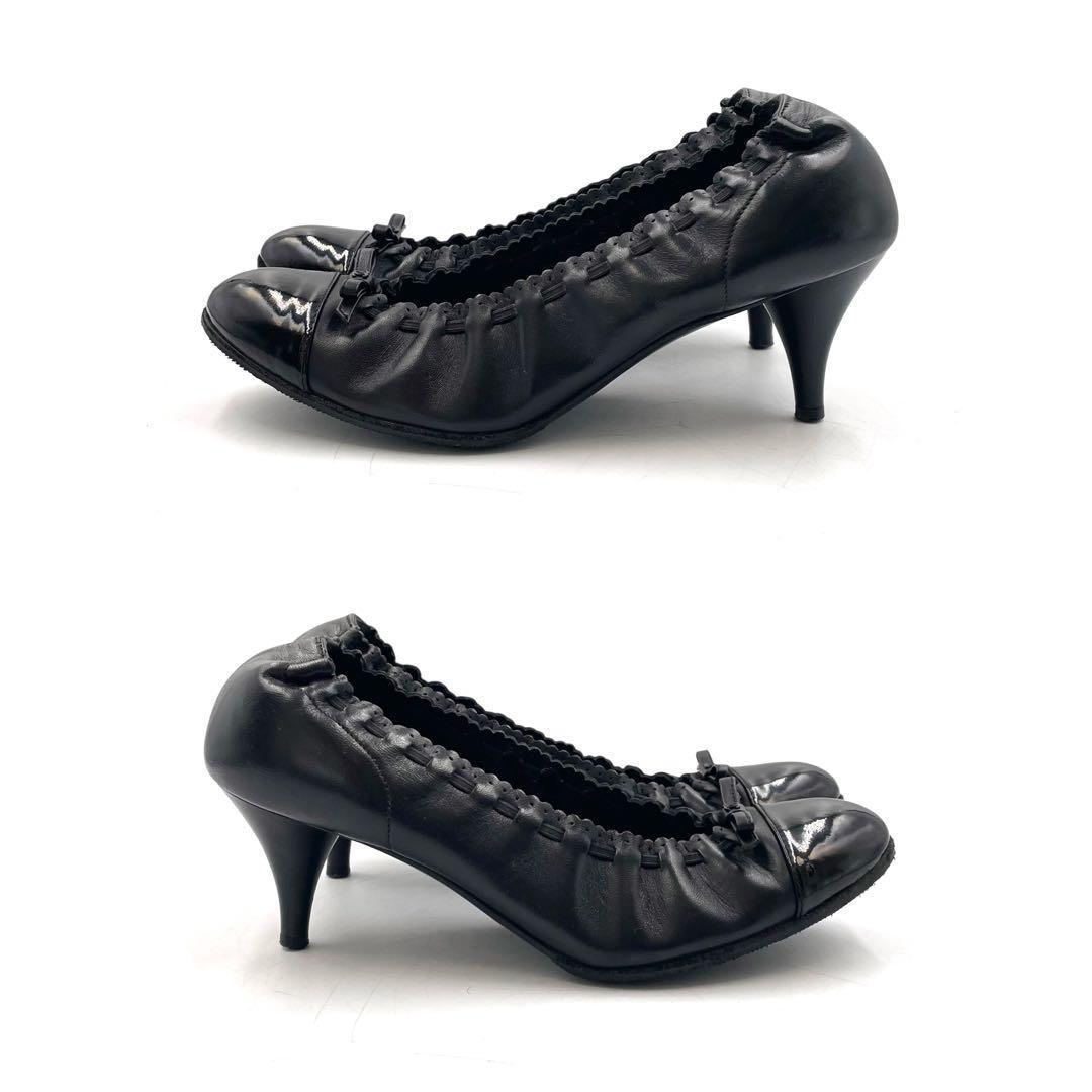 超美品》CHANEL シャネル ココマーク リボン ギャザー パンプス 黒