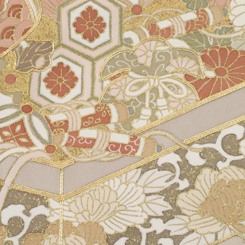 《長尺■色留袖■古典柄◆檜扇に文箱吉祥文■ベージュ◆袷正絹着物◆DY3-7》