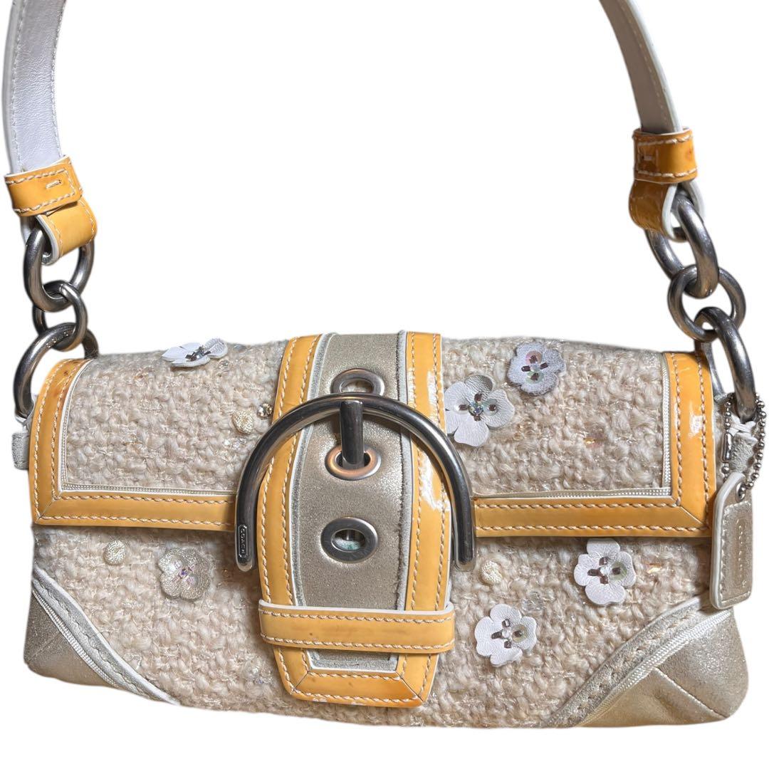 レア　COACH ツイード　スパンコール　フラワー　ワンショルダー10070 レア COACH ツイード スパンコール フラワー ワンショルダー10070