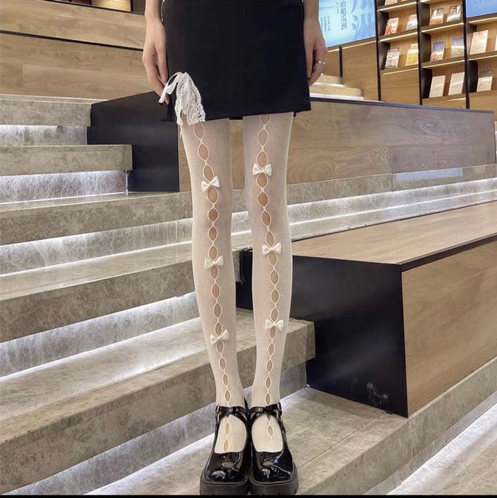 レースリボンタイツ ストッキング ホワイト ロリータ - メルカリ