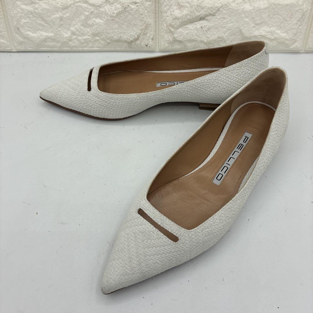 【美品】ペリーコ アネッリ ポインテッドトゥ フラットパンプス 36 ホワイト ペリーコ PELLICO GOLD ANELLI FIBBIA フラット パンプス （WHITE