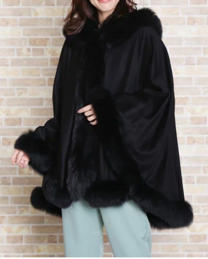 ツカキ ポンチョ カシミヤ100% ケープ 黒 フォックスファー 日本製 美