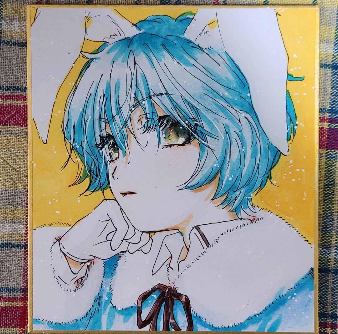 手描きイラスト オリジナル うさ耳 男の子 ミニ色紙 イースター 原画