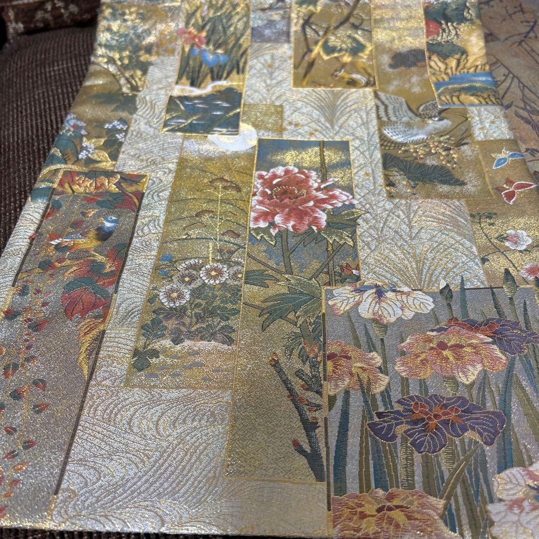 証紙付き！純金平織りプラチナ箔／裏表全通‼️近代花鳥画袋帯♡ - メルカリ