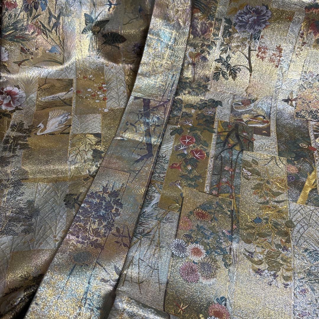 証紙付き！純金平織りプラチナ箔／裏表全通‼️近代花鳥画袋帯♡ - メルカリ