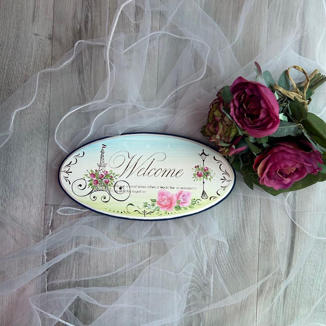 トールペイント作品 パリの風景とピンクの薔薇のウェルカムボード