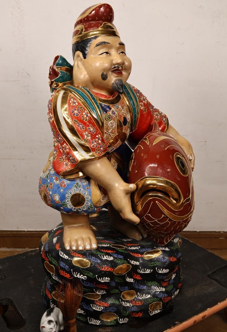 九谷焼 峰光 銘 色絵金彩 恵比寿像 七福神 置物 高さ約62cm BK125