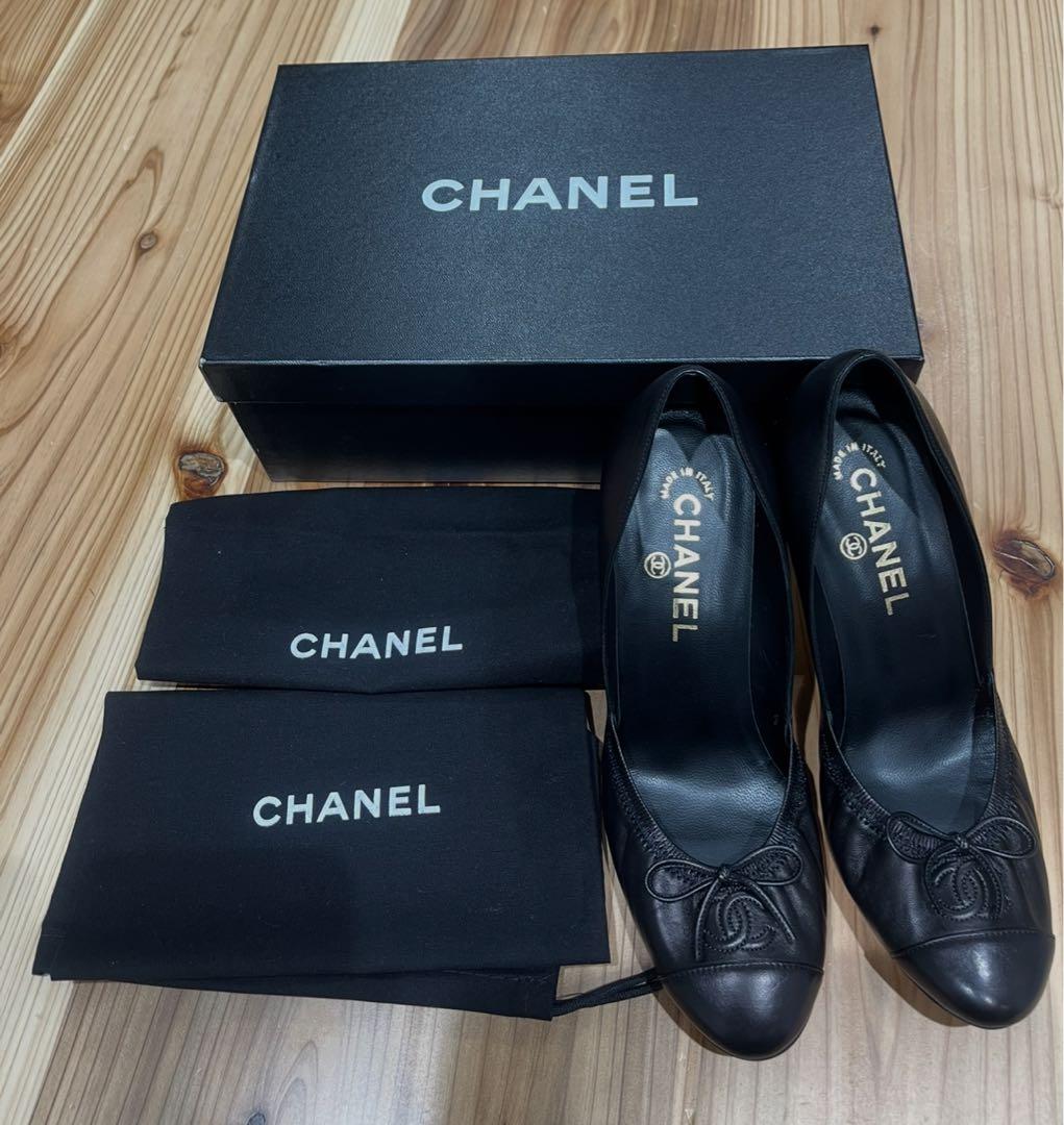 箱あり CHANEL シャネル バックスリング リボン ブラック ヒール