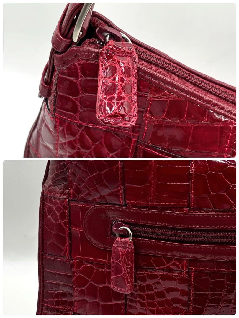 美品】JRA クロコダイル ショルダーバッグ レザー パッチワーク レッド