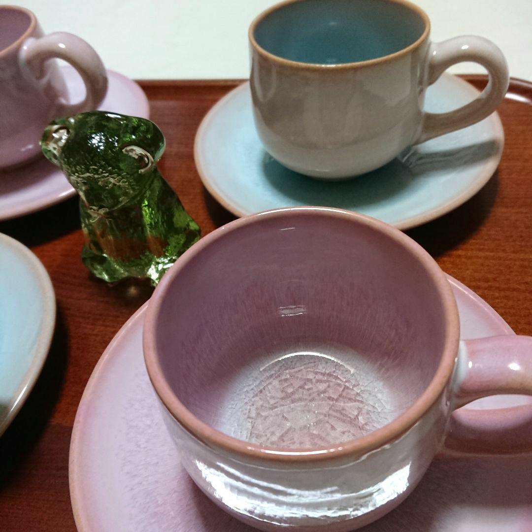 未使用 萩焼 天龍窯 ガラス釉 ソライロ モモイロ 珈琲碗皿・200ml