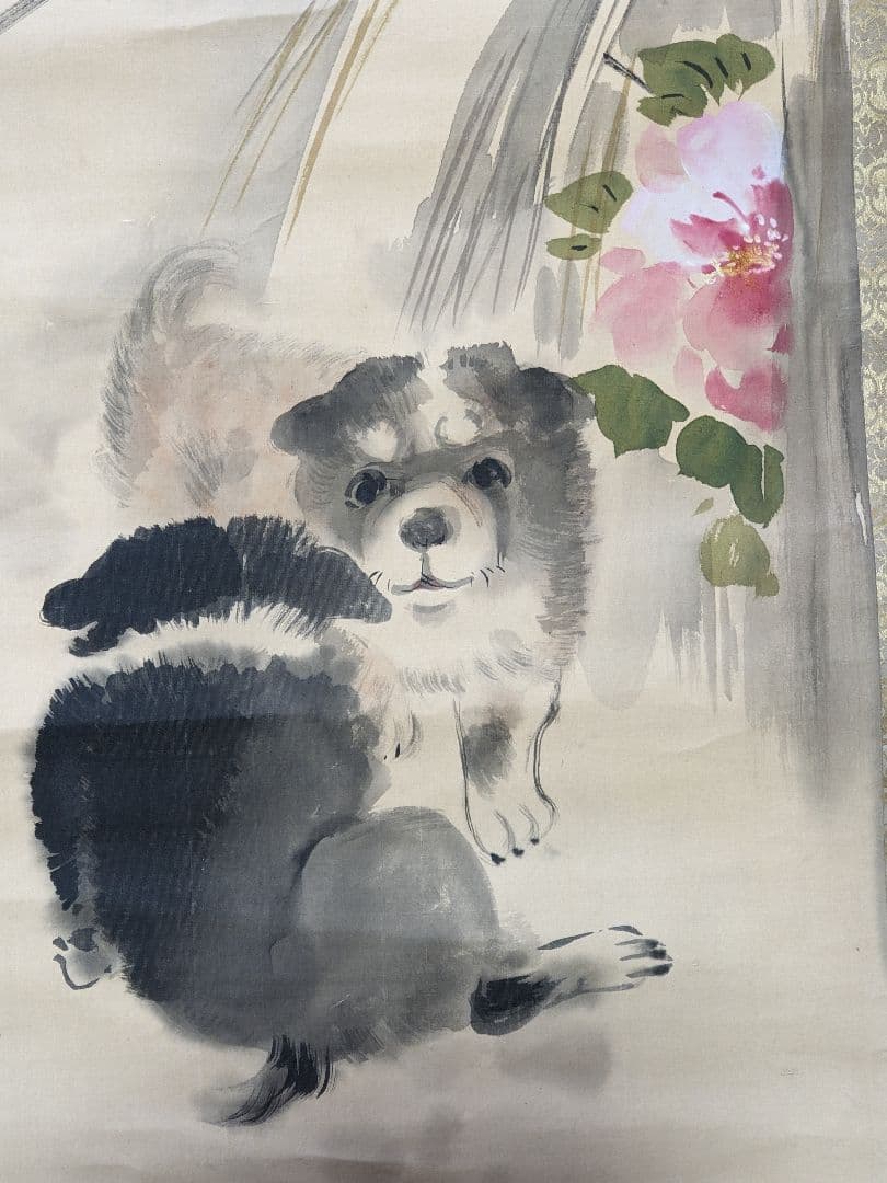 ♢犬と椿図 絹本水墨画 墨彩画 掛け軸？円山派 明治時代 鹿角古美術